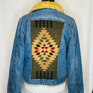UpCycled Denim Jacket Sherpa Lined Aztec Print Southwestern Western Style -XL